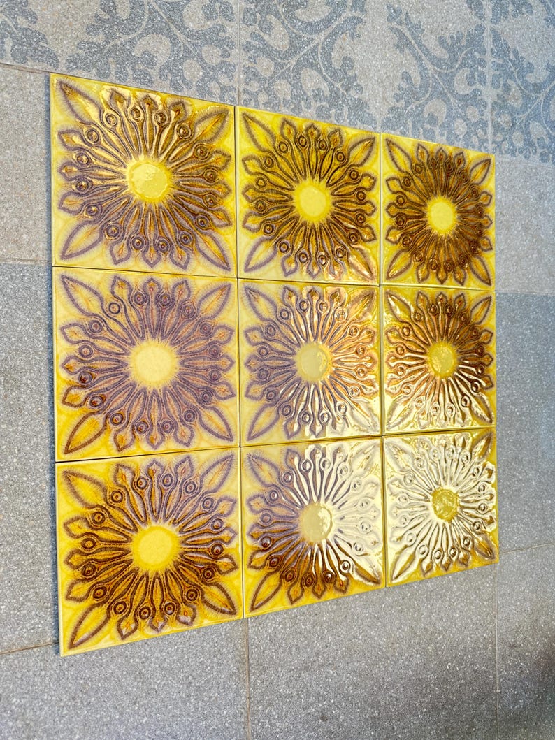 Original 70s retro Unused tiles – 9 pcs yellow and brown Fat Lava tiles, photo 4 of 5