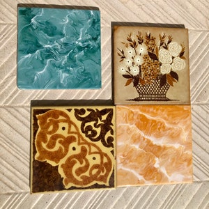 4 Vintage  orange, blue, brown yellow ORIGINAL retro tiles . 60s 70s  4 tile set Fat lava glossy decorative tiles. Mid century  backsplash