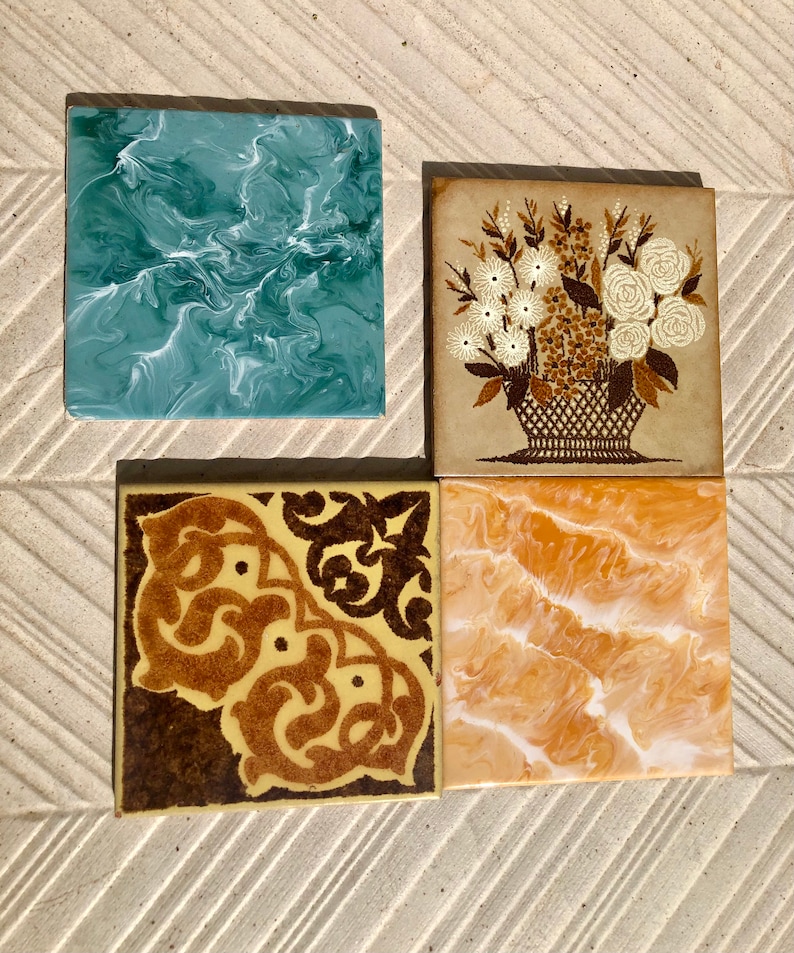 4 Vintage orange, blue, brown yellow Original retro tiles, photo 1 of 9