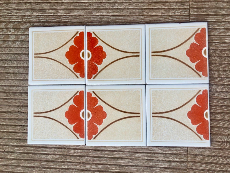 60s 70s Spanish vintage retro tiles – pop art orange geometric MCM backsplash — set of 6, photo 3 of 9