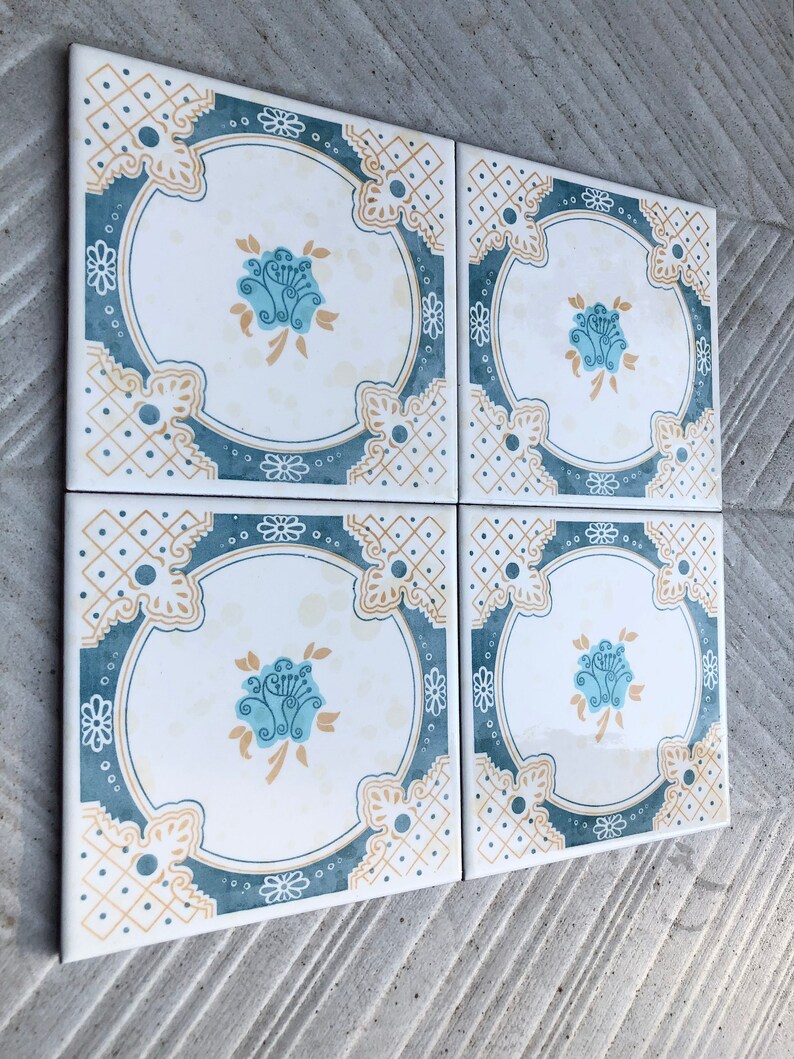 4 Spanish 70s blue and ochre tiles, photo 4 of 10