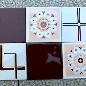 6 Spanish vintage tiles from the 60s - 70s. Brown + yellow, pop art tiles. MCM original wall decor, mid century geometric tiles, backsplash