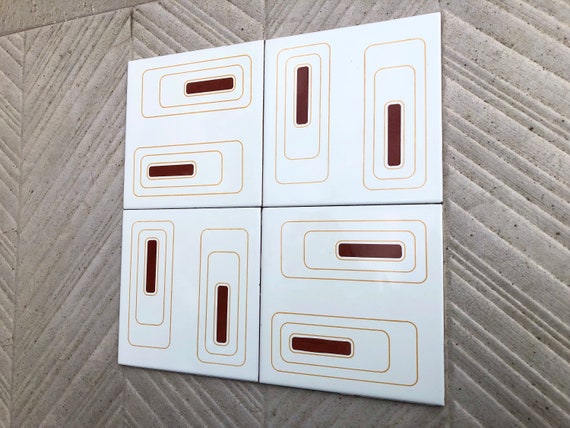4 Spanish 70s vintage tiles – Brown, mustard yellow, cream, pop art style tiles