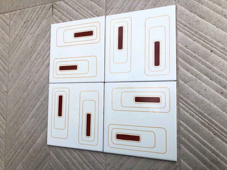 4 Spanish 70s vintage tiles – Brown, mustard yellow, cream, pop art style tiles, photo 1 of 10
