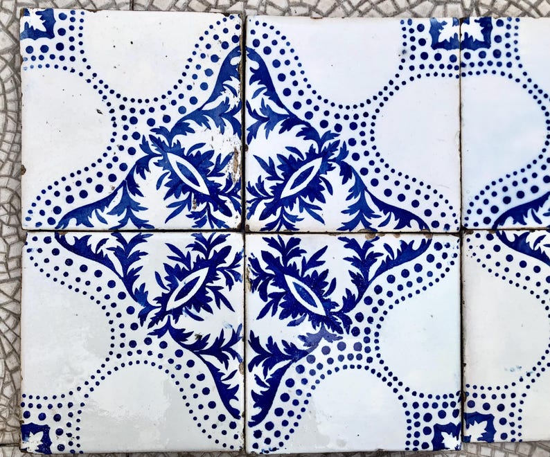 8 antique Art Nouveau blue + white original early 20th century Spanish decorative tiles, photo 6 of 10