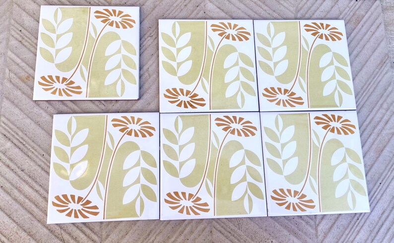 60s 70s Spanish vintage retro tiles – pop orange + green daisies backsplash — set of 6, photo 4 of 8