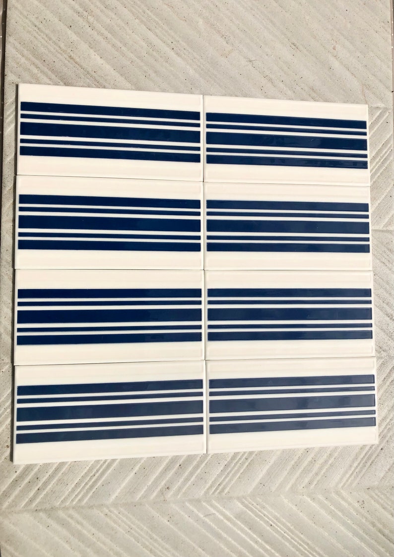 Spanish 60s 70s vintage tiles Unused – 8 pc navy blue, white, pop art tiles, photo 3 of 10