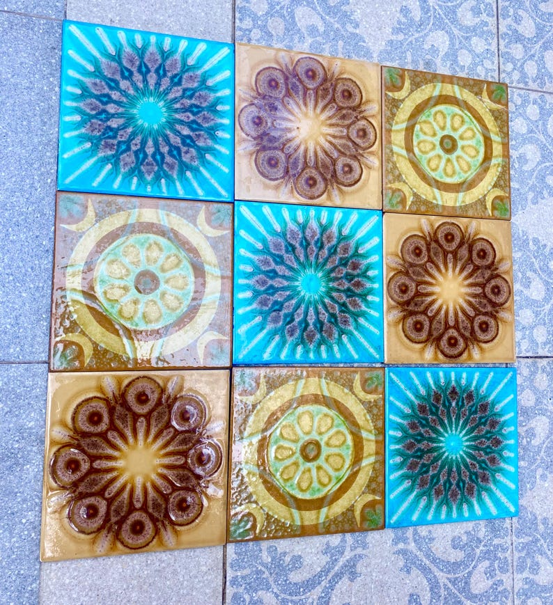 Original 70s retro tiles – Brown, yellow, blue, orange – Decorative MCM wall art — set of 9, photo 2 of 9