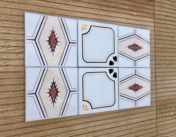 70s Spanish Vintage yellow + brown retro tiles — set of 6