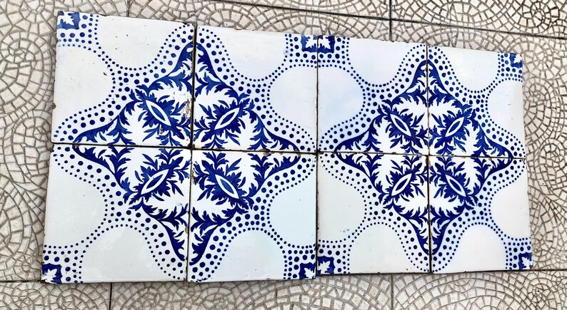 8 antique Art Nouveau blue + white original early 20th century Spanish decorative tiles, photo 10 of 10
