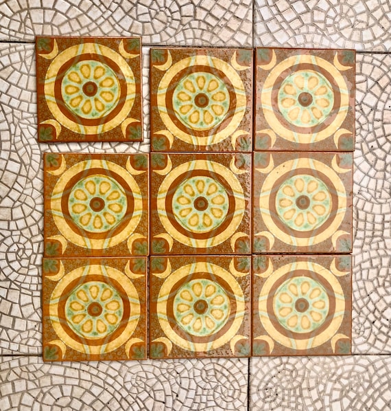 Original 70s retro tiles – Brown, yellow, blue, orange – NOS decorative MCM wall art — set of 9
