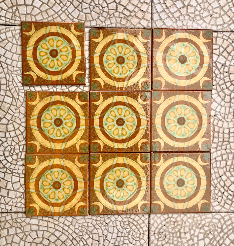 Original 70s retro tiles – Brown, yellow, blue, orange – NOS decorative MCM wall art — set of 9, photo 1 of 9