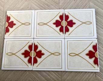 6 Spanish 70s vintage tiles. Mid century red,brown geometric fat lava tiles.70s decor. Goovy 60s wall art. Tile mural. RED backsplash tiles