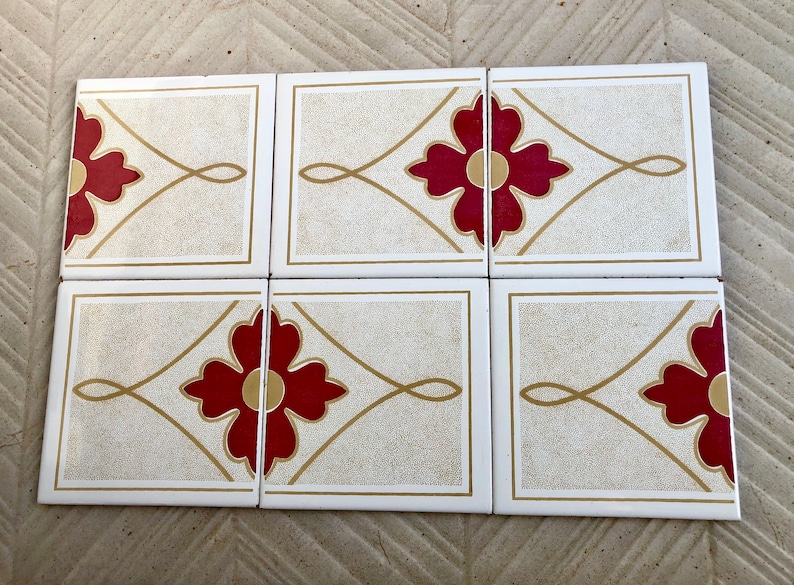 6 Spanish 70s vintage tiles – Mid century red, brown geometric Fat Lava tiles, photo 1 of 8