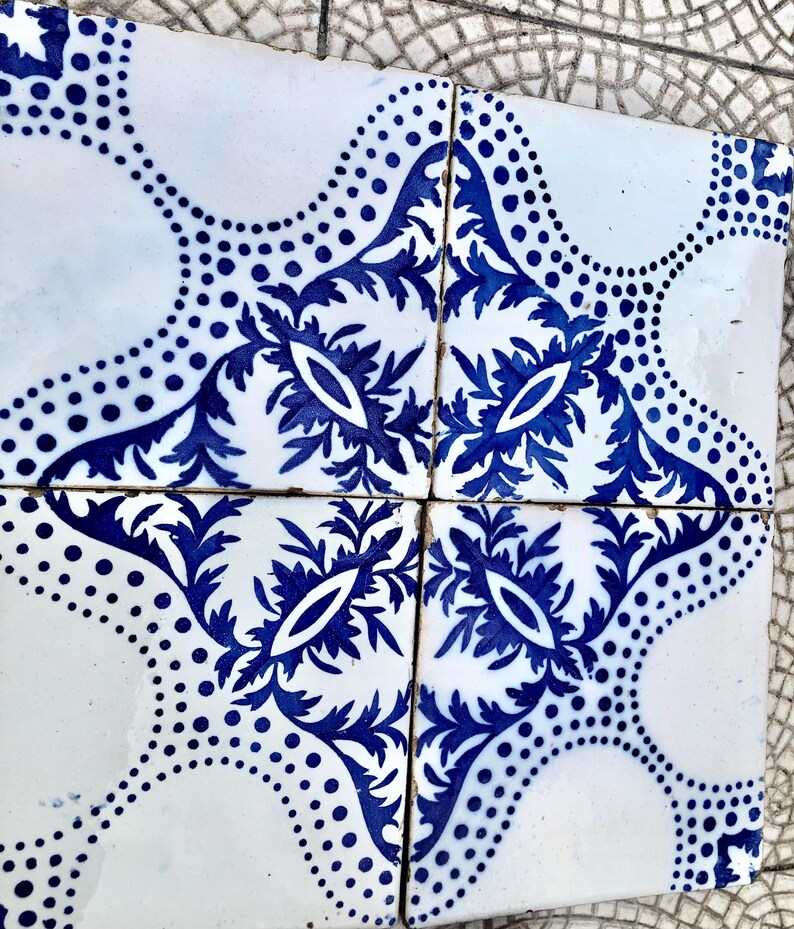 8 antique Art Nouveau blue + white original early 20th century Spanish decorative tiles, photo 7 of 10