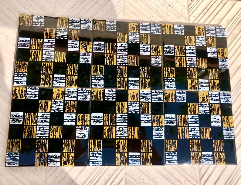 6 Spanish 50s vintage tiles – Black, mustard yellow, white, pop art style retro tiles, photo 4 of 7