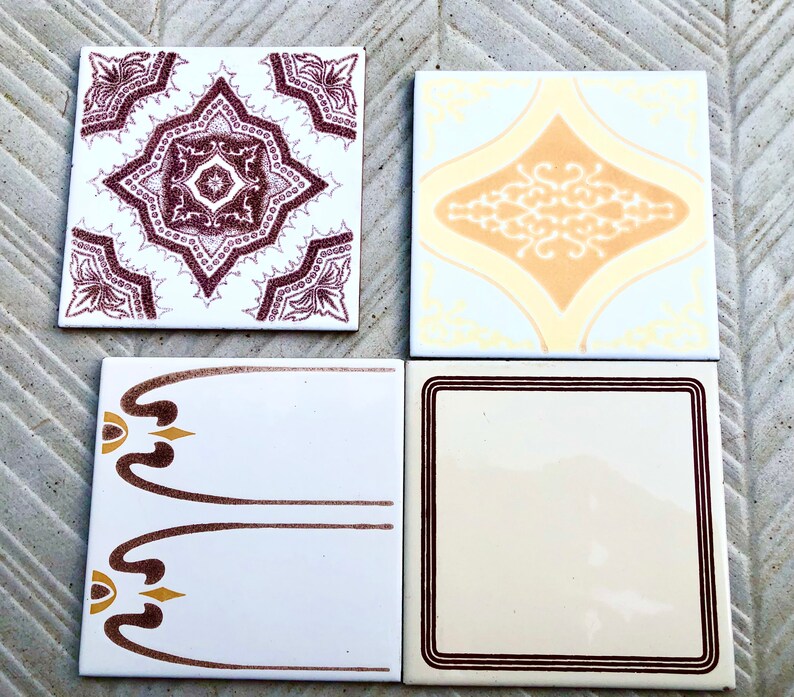 60s 70s vintage sunray geometric tiles in orange, yellow, brown — set of 4, photo 4 of 10