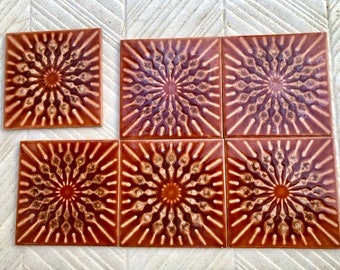 Spanish vintage glazed terracotta BROWN 70s tiles.6 pc. Fat lava  NOS decorative tiles.Mid century wall art. Majolica brutalist backsplash