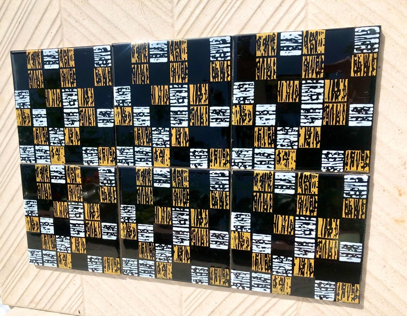 6 Spanish 50s vintage tiles – Black, mustard yellow, white, pop art style retro tiles, photo 3 of 7