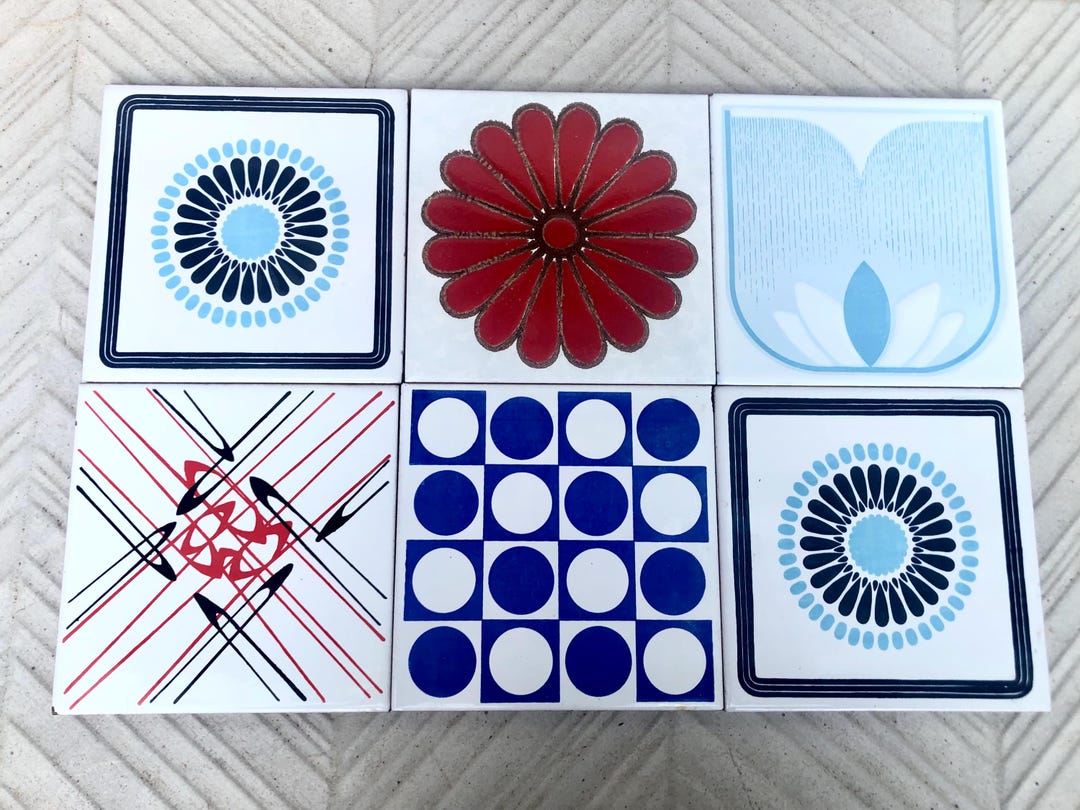 6 Vintage 70s Groovy Majolica Tiles in Red and Blue.spanish Mid Century ...