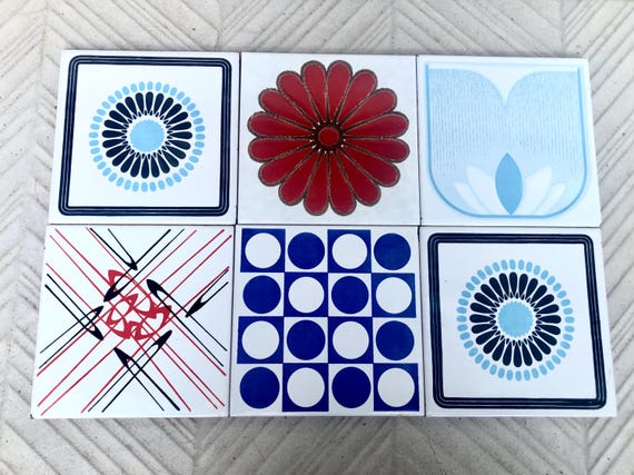 6 vintage 70s groovy majolica tiles in red and blue