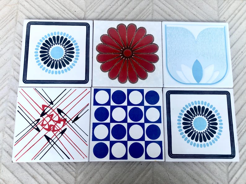 6 vintage 70s groovy majolica tiles in red and blue, photo 1 of 9