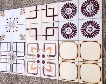 24 Spanish vintage tiles from the 60s - 70s. Brown + yellow, pop art tiles. MCM original wall decor, mid century geometric tiles, backsplash