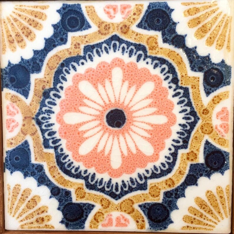 Vintage blue + pink 70s glazed tiles — set of 4, photo 5 of 7