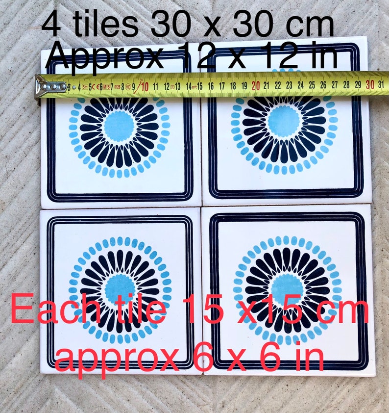 Spanish 60s 70s vintage tiles Unused – 4 pc blue daisy retro tiles, photo 7 of 8