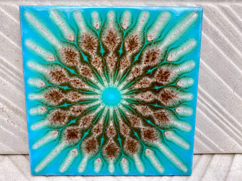 Original 70s vintage glazed blue retro tiles — set of 4, photo 7 of 10