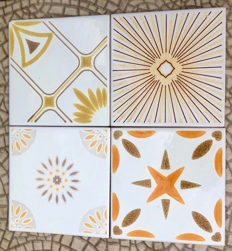 60s 70s Vintage Sunray Geometric Tiles in Orange, Yellow, Brown