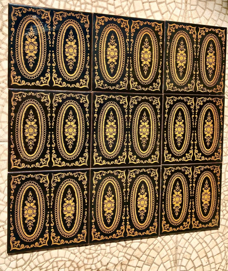 Original 70s retro tiles – Black, yellow, romantic, Art Nouveau style tiles — set of 9, photo 7 of 8