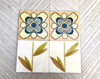 60s 70s Spanish vintage retro tiles. 4 Mid century original groovy flower power decorative tiles, pop art brown + green MCM tiles. SECONDS