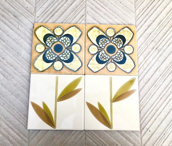 60s 70s Spanish vintage retro tiles – pop art brown + green MCM tiles — set of 4