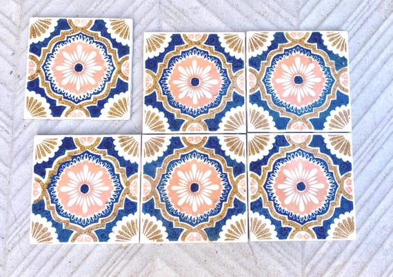 Vintage blue + pink 70s glazed tiles — set of 6