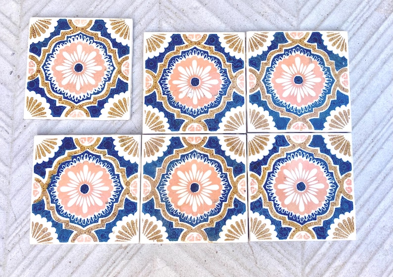 Vintage blue + pink 70s glazed tiles — set of 6, photo 1 of 6