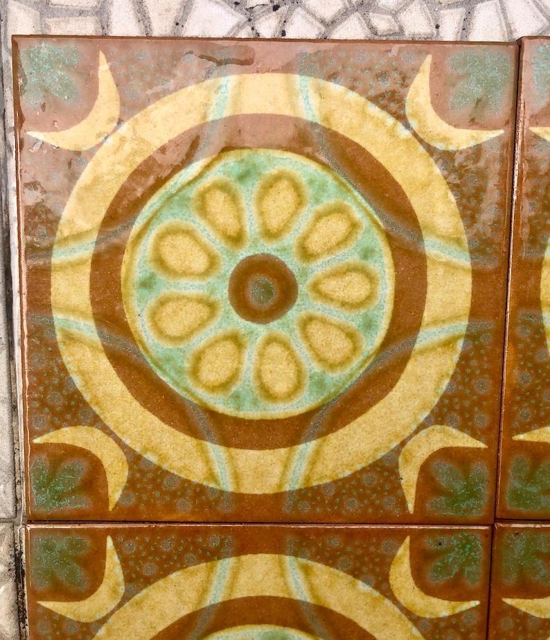 Original 70s retro tiles – Brown, yellow, blue, orange – NOS decorative MCM wall art — set of 9, photo 7 of 9