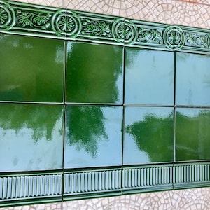 Art nouveau style floral border tile set from Spain. 16 glazed vintage tiles. Majolica tile mural. Fireplace or backsplash green tiles.