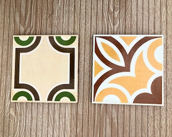 Spanish 60s 70s original vintage decorative tiles. 2 pc set in  green, yellow, brown. Brutalist MCM geometric mid century decor