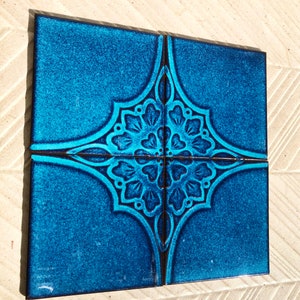 Vintage tiles from Spain. 4 pc mural. 70s fat lava style blue decorative tiles. Art nouveau inspired backsplash. 60s, mid century wall decor