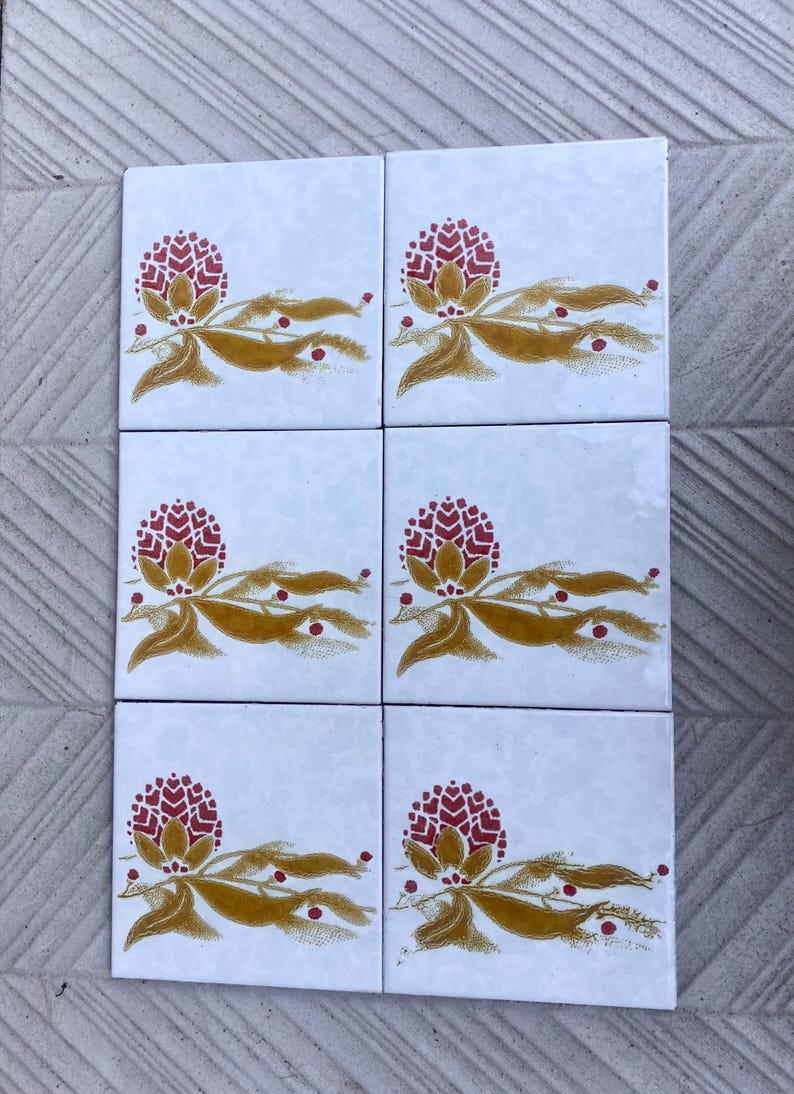 Vintage 70s tiles – 6 pc botanic - Fat Lava Original salvaged retro tiles, photo 9 of 9