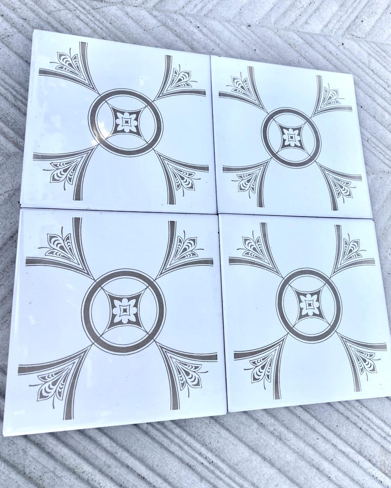 70s Spanish vintage tiles – White + brown retro tiles — set of 4, photo 3 of 6