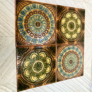 Original 70s retro tiles. 4 pcs Brown, yellow, orange Fat lava geometric tiles. NOS decorative mid century wall art. Brutalist backsplash