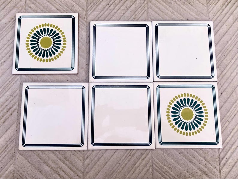 60s 70s Spanish vintage retro tiles – pop art green daisies backsplash — set of 6, photo 5 of 10
