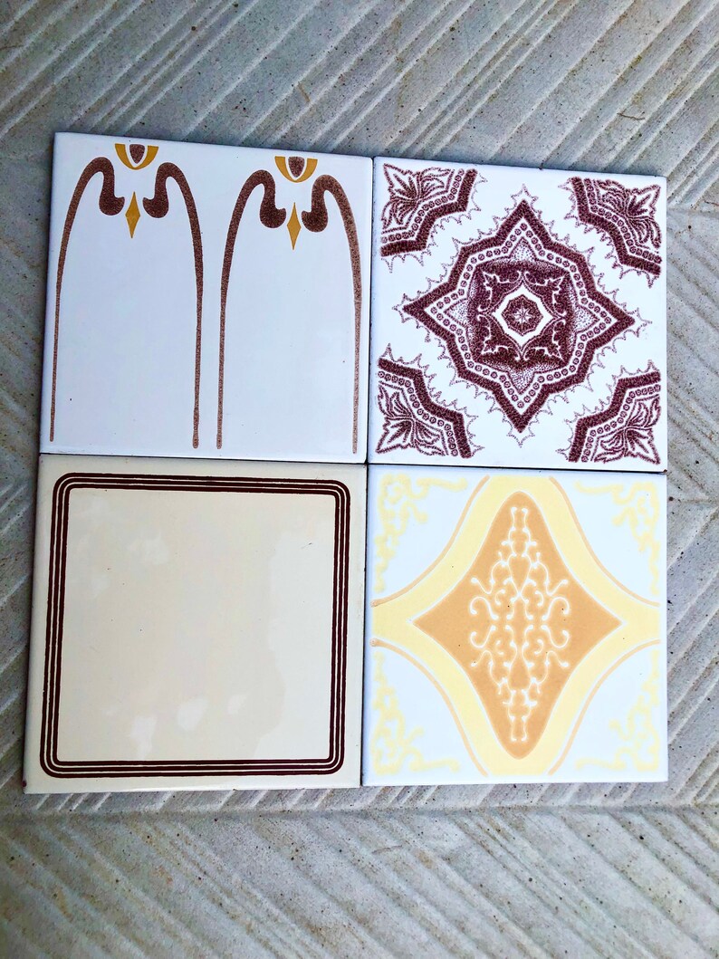 60s 70s vintage sunray geometric tiles in orange, yellow, brown — set of 4, photo 2 of 10