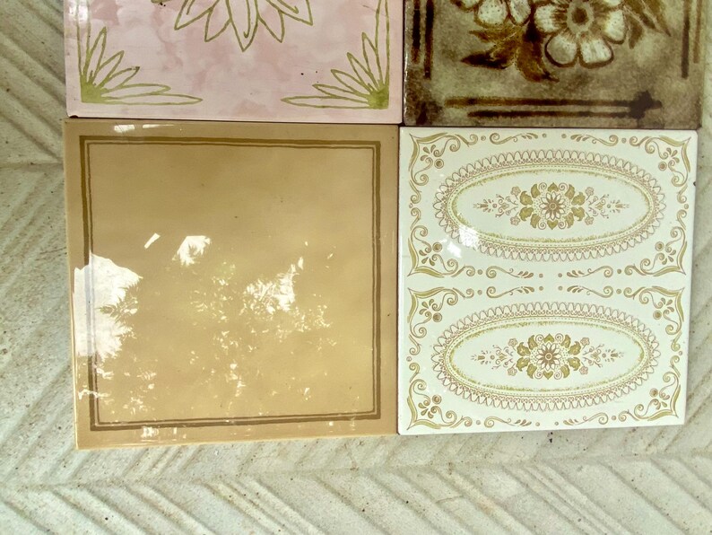 Vintage 70s tiles – 6 pc – Fat Lava Original unused + salvaged retro tiles – Brown, pink + green flower brutalist tiles, photo 8 of 10