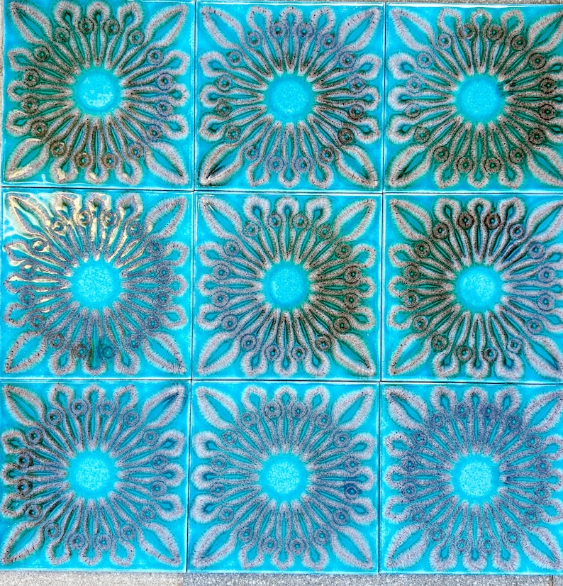 Original 70s retro Unused tiles – 9 pcs turquoise blue + brown Fat Lava tiles, photo 2 of 8