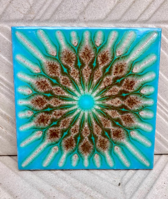 Original 70s vintage glazed blue retro tiles — set of 4
