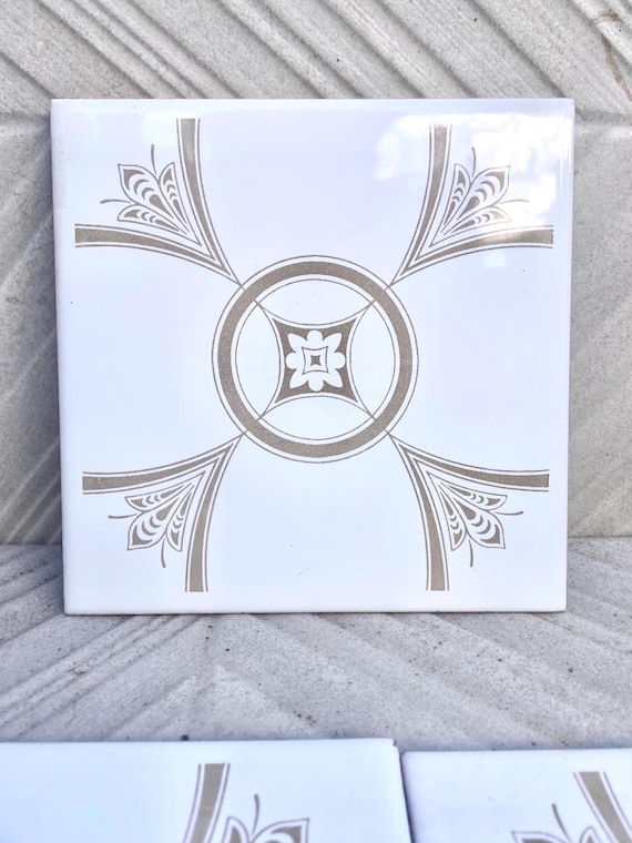 70s Spanish vintage tiles – White + light brown retro tiles — set of 8