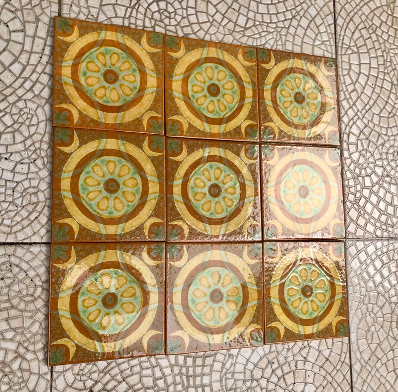 Original 70s retro tiles – Brown, yellow, blue, orange – NOS decorative MCM wall art — set of 9, photo 3 of 9